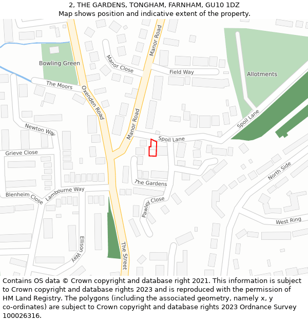 2, THE GARDENS, TONGHAM, FARNHAM, GU10 1DZ: Location map and indicative extent of plot