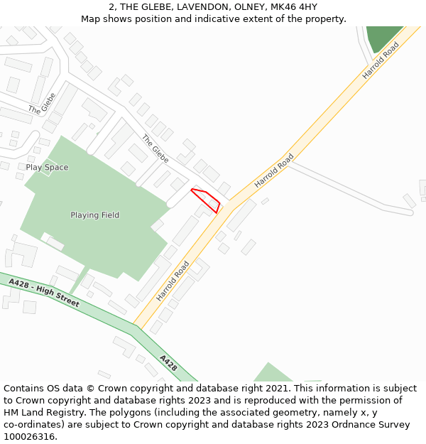 2, THE GLEBE, LAVENDON, OLNEY, MK46 4HY: Location map and indicative extent of plot