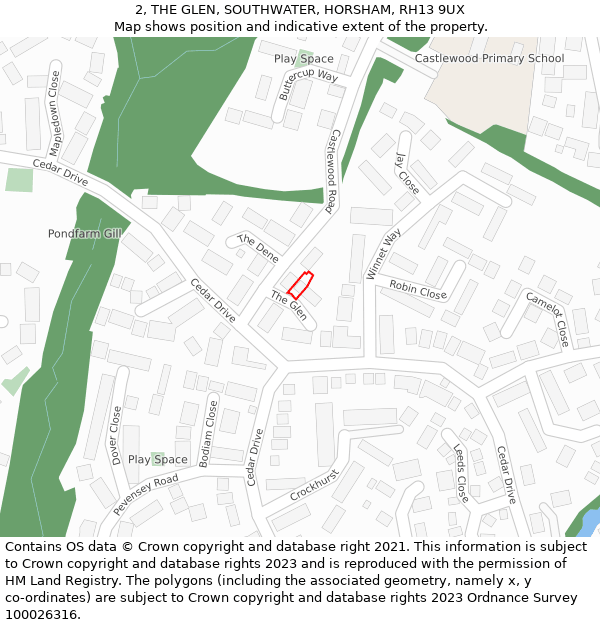 2, THE GLEN, SOUTHWATER, HORSHAM, RH13 9UX: Location map and indicative extent of plot