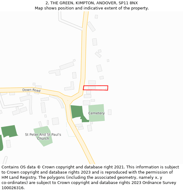 2, THE GREEN, KIMPTON, ANDOVER, SP11 8NX: Location map and indicative extent of plot