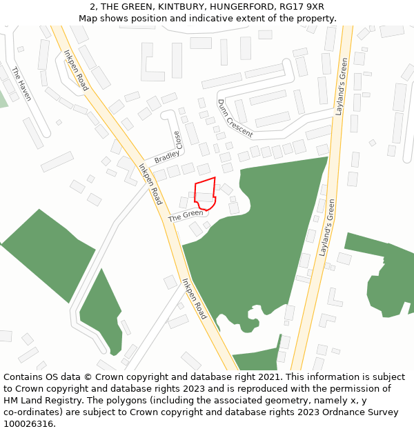 2, THE GREEN, KINTBURY, HUNGERFORD, RG17 9XR: Location map and indicative extent of plot