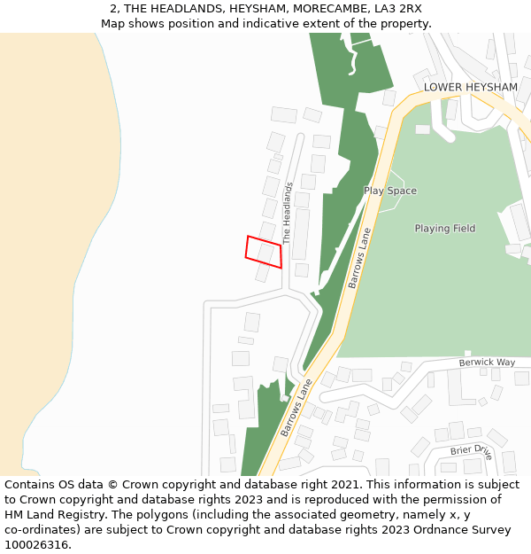 2, THE HEADLANDS, HEYSHAM, MORECAMBE, LA3 2RX: Location map and indicative extent of plot