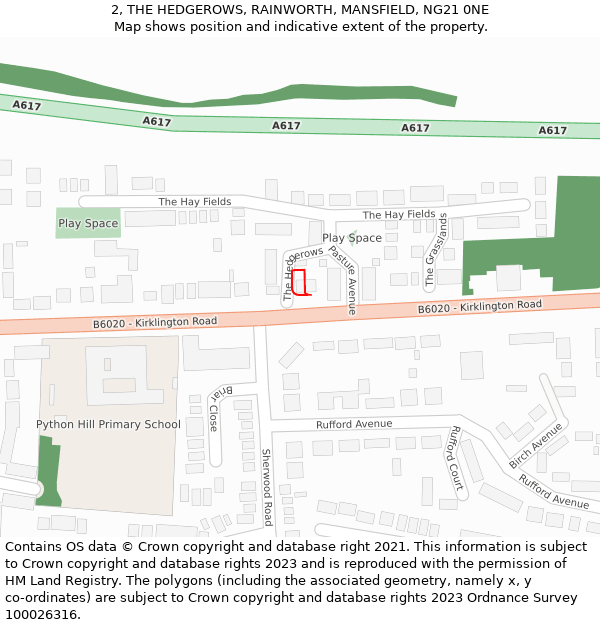 2, THE HEDGEROWS, RAINWORTH, MANSFIELD, NG21 0NE: Location map and indicative extent of plot