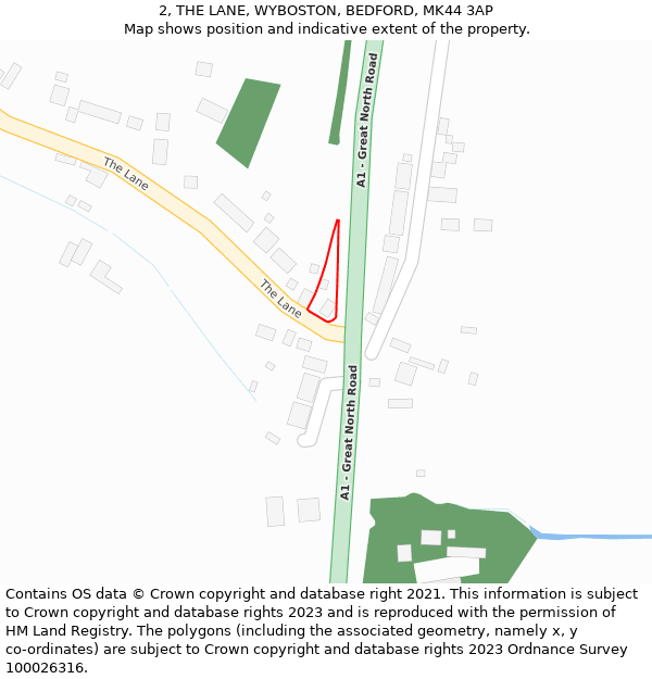 2, THE LANE, WYBOSTON, BEDFORD, MK44 3AP: Location map and indicative extent of plot