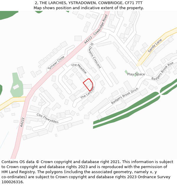 2, THE LARCHES, YSTRADOWEN, COWBRIDGE, CF71 7TT: Location map and indicative extent of plot