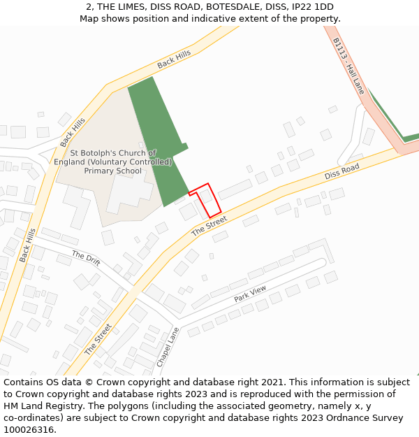 2, THE LIMES, DISS ROAD, BOTESDALE, DISS, IP22 1DD: Location map and indicative extent of plot