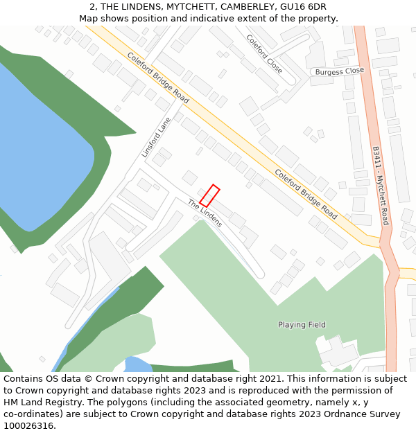 2, THE LINDENS, MYTCHETT, CAMBERLEY, GU16 6DR: Location map and indicative extent of plot