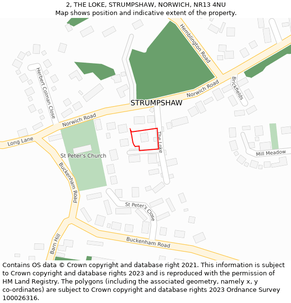2, THE LOKE, STRUMPSHAW, NORWICH, NR13 4NU: Location map and indicative extent of plot