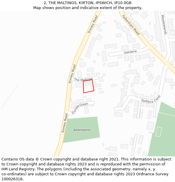 2, THE MALTINGS, KIRTON, IPSWICH, IP10 0GB: Location map and indicative extent of plot