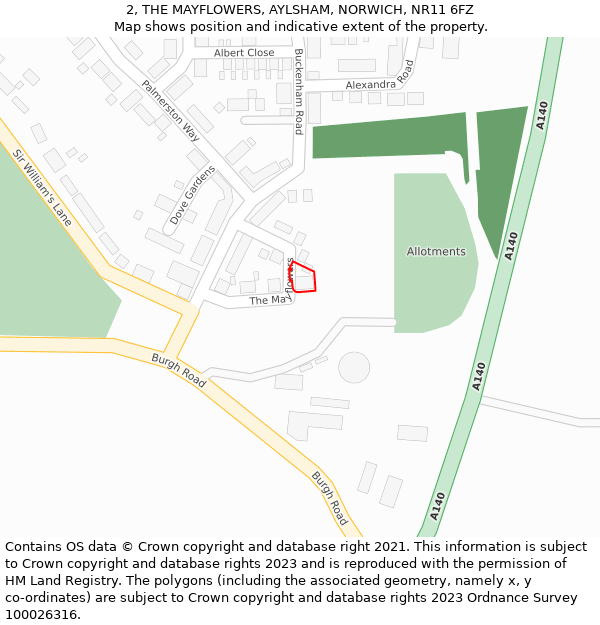 2, THE MAYFLOWERS, AYLSHAM, NORWICH, NR11 6FZ: Location map and indicative extent of plot