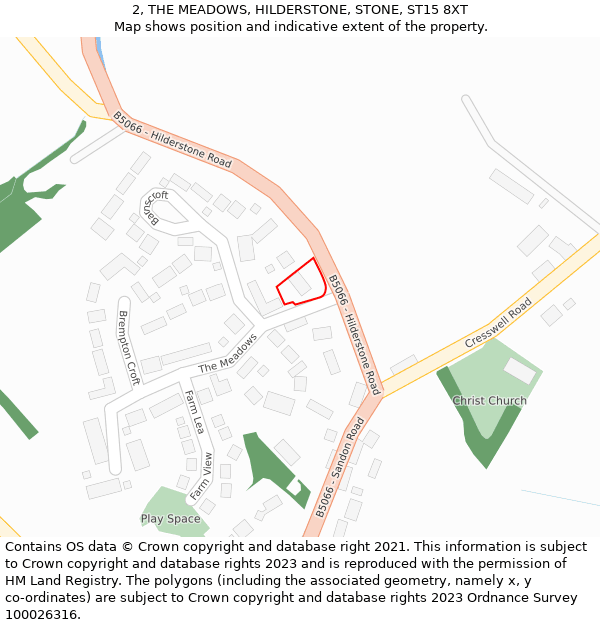 2, THE MEADOWS, HILDERSTONE, STONE, ST15 8XT: Location map and indicative extent of plot