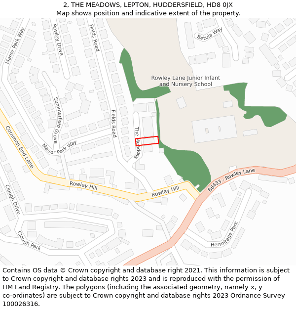 2, THE MEADOWS, LEPTON, HUDDERSFIELD, HD8 0JX: Location map and indicative extent of plot