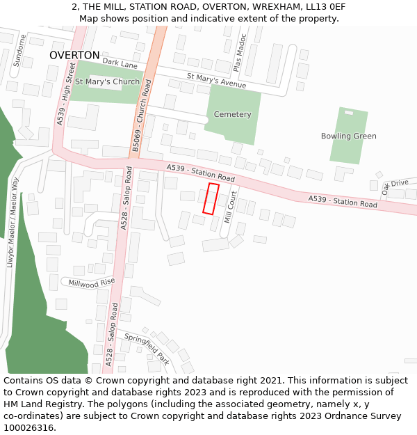 2, THE MILL, STATION ROAD, OVERTON, WREXHAM, LL13 0EF: Location map and indicative extent of plot