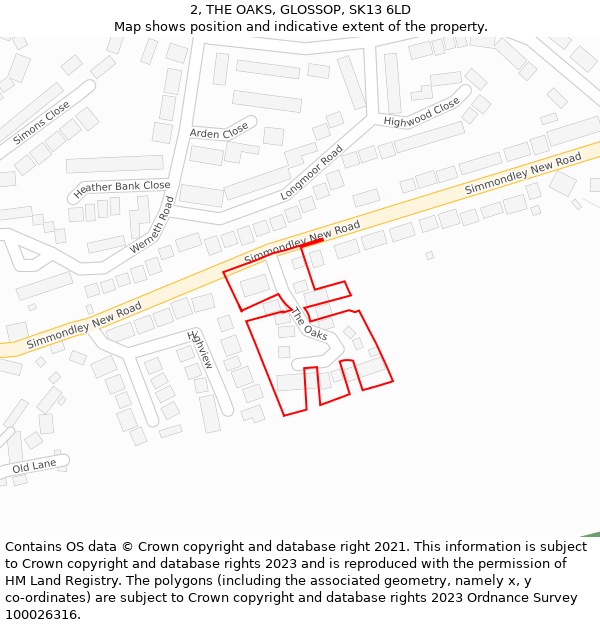 2, THE OAKS, GLOSSOP, SK13 6LD: Location map and indicative extent of plot