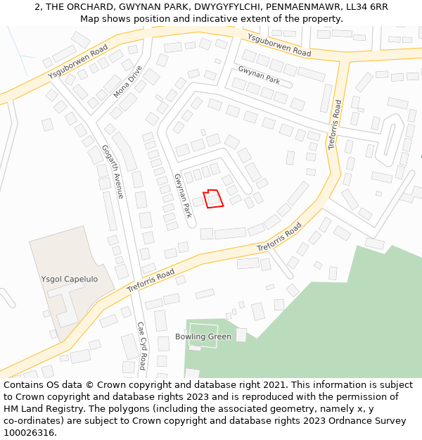 2, THE ORCHARD, GWYNAN PARK, DWYGYFYLCHI, PENMAENMAWR, LL34 6RR: Location map and indicative extent of plot