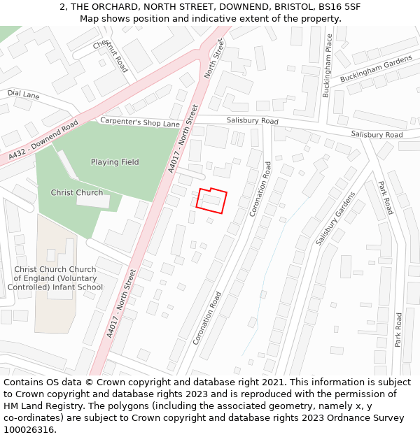 2, THE ORCHARD, NORTH STREET, DOWNEND, BRISTOL, BS16 5SF: Location map and indicative extent of plot