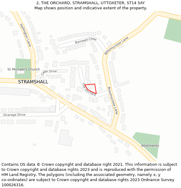 2, THE ORCHARD, STRAMSHALL, UTTOXETER, ST14 5AY: Location map and indicative extent of plot