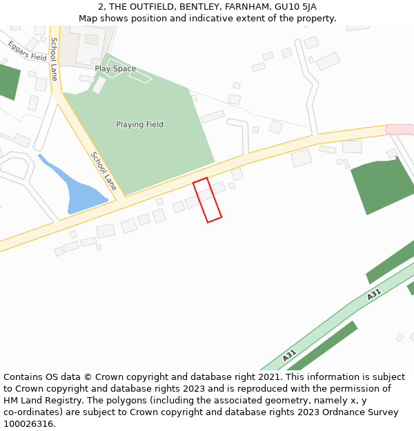 2, THE OUTFIELD, BENTLEY, FARNHAM, GU10 5JA: Location map and indicative extent of plot