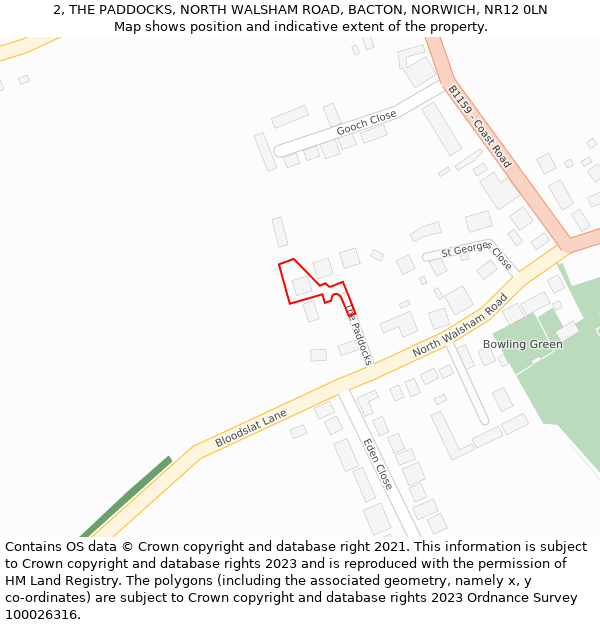 2, THE PADDOCKS, NORTH WALSHAM ROAD, BACTON, NORWICH, NR12 0LN: Location map and indicative extent of plot