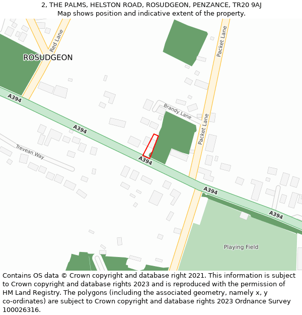 2, THE PALMS, HELSTON ROAD, ROSUDGEON, PENZANCE, TR20 9AJ: Location map and indicative extent of plot