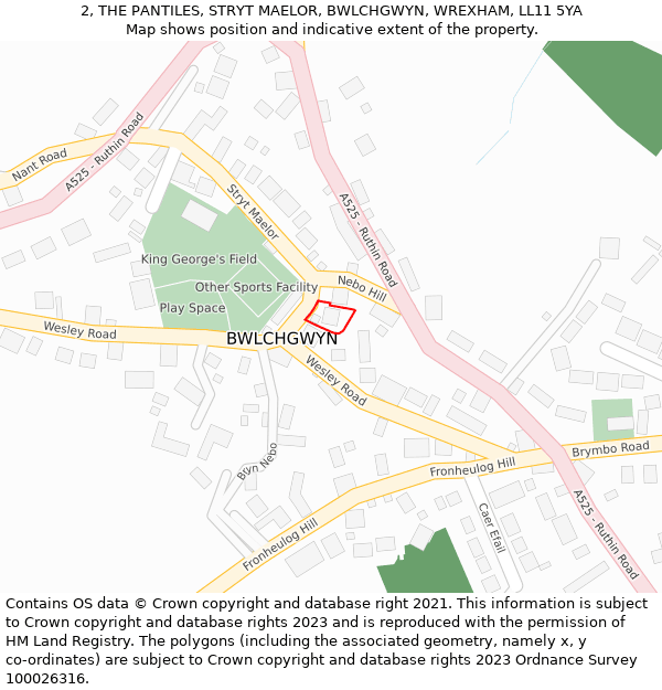 2, THE PANTILES, STRYT MAELOR, BWLCHGWYN, WREXHAM, LL11 5YA: Location map and indicative extent of plot