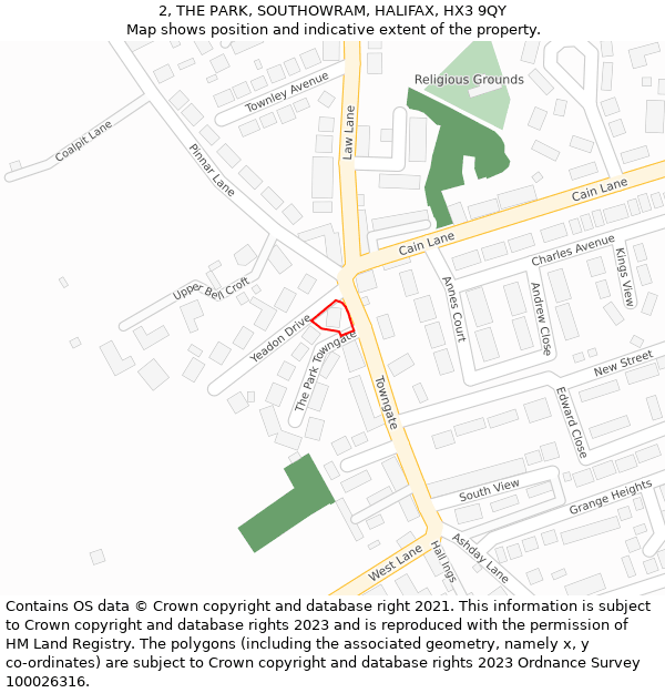 2, THE PARK, SOUTHOWRAM, HALIFAX, HX3 9QY: Location map and indicative extent of plot