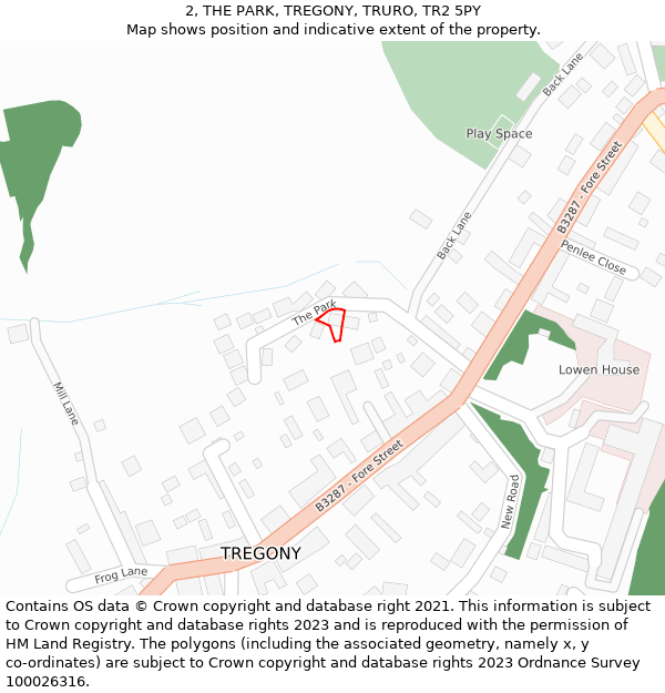 2, THE PARK, TREGONY, TRURO, TR2 5PY: Location map and indicative extent of plot