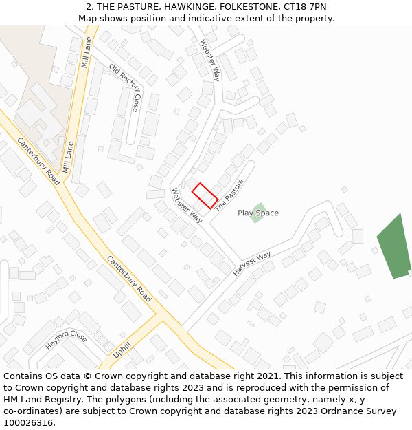 2, THE PASTURE, HAWKINGE, FOLKESTONE, CT18 7PN: Location map and indicative extent of plot