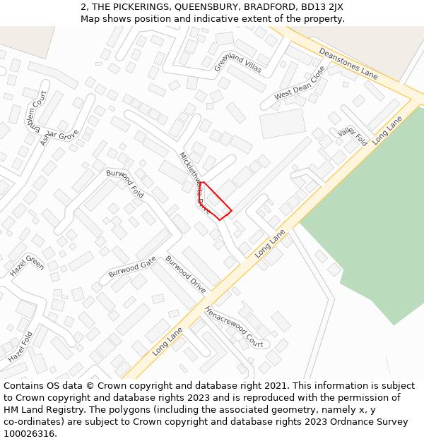 2, THE PICKERINGS, QUEENSBURY, BRADFORD, BD13 2JX: Location map and indicative extent of plot