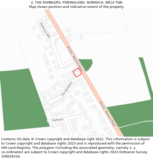 2, THE RAMBLERS, PORINGLAND, NORWICH, NR14 7QN: Location map and indicative extent of plot