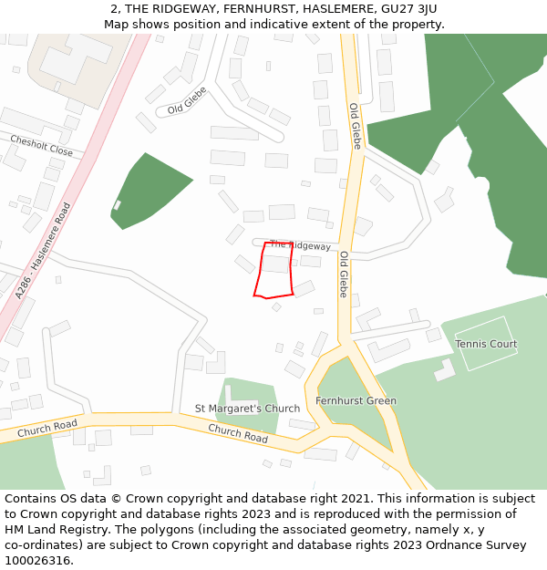 2, THE RIDGEWAY, FERNHURST, HASLEMERE, GU27 3JU: Location map and indicative extent of plot
