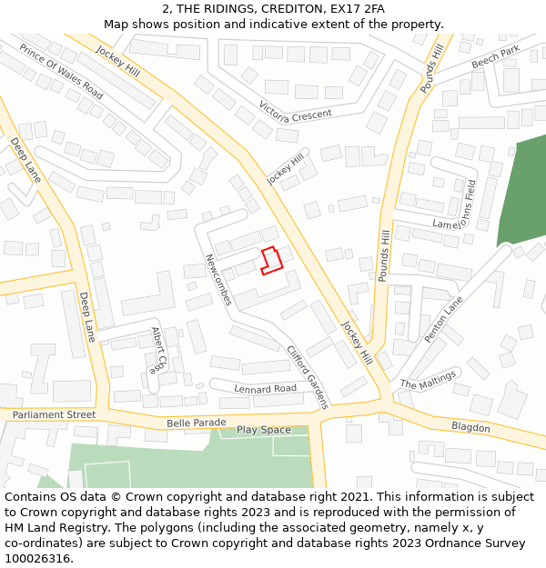 2, THE RIDINGS, CREDITON, EX17 2FA: Location map and indicative extent of plot