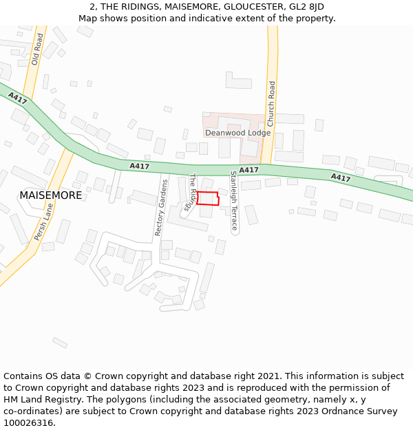 2, THE RIDINGS, MAISEMORE, GLOUCESTER, GL2 8JD: Location map and indicative extent of plot