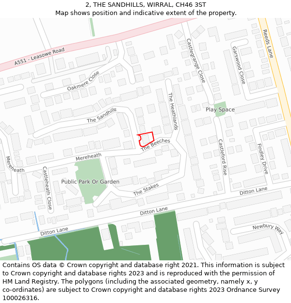 2, THE SANDHILLS, WIRRAL, CH46 3ST: Location map and indicative extent of plot