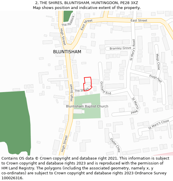 2, THE SHIRES, BLUNTISHAM, HUNTINGDON, PE28 3XZ: Location map and indicative extent of plot