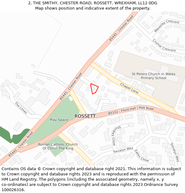 2, THE SMITHY, CHESTER ROAD, ROSSETT, WREXHAM, LL12 0DG: Location map and indicative extent of plot
