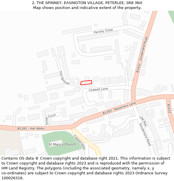 2, THE SPINNEY, EASINGTON VILLAGE, PETERLEE, SR8 3NX: Location map and indicative extent of plot
