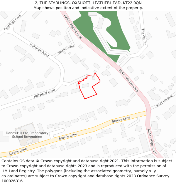 2, THE STARLINGS, OXSHOTT, LEATHERHEAD, KT22 0QN: Location map and indicative extent of plot