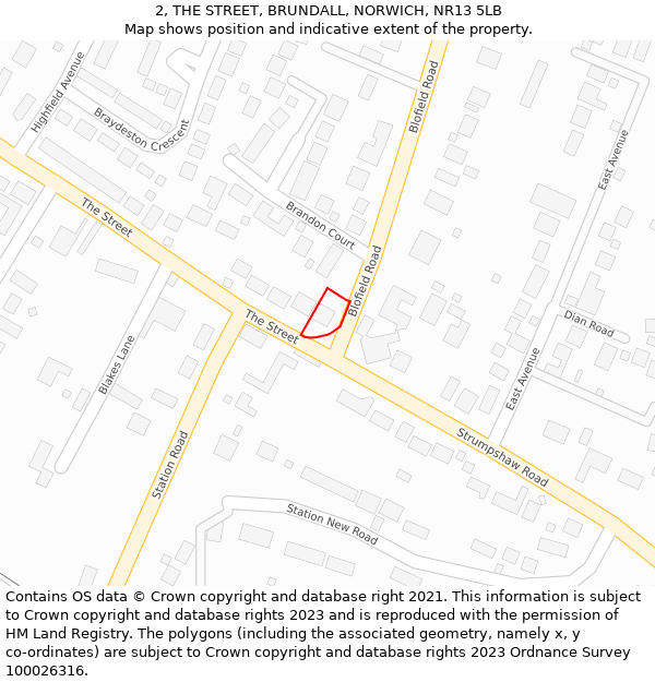 2, THE STREET, BRUNDALL, NORWICH, NR13 5LB: Location map and indicative extent of plot