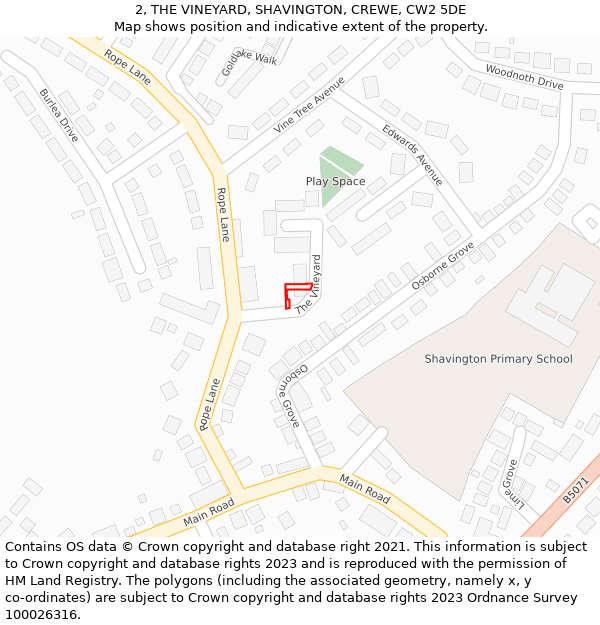 2, THE VINEYARD, SHAVINGTON, CREWE, CW2 5DE: Location map and indicative extent of plot