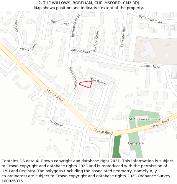 2, THE WILLOWS, BOREHAM, CHELMSFORD, CM3 3DJ: Location map and indicative extent of plot