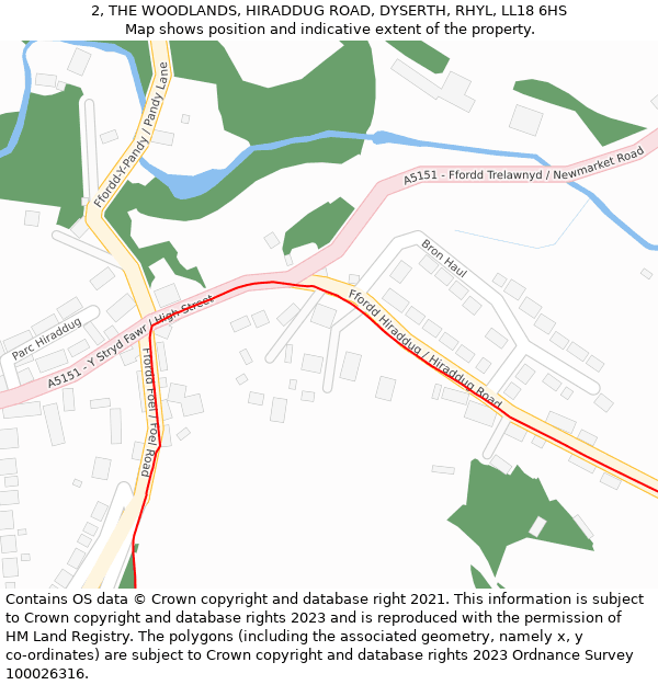 2, THE WOODLANDS, HIRADDUG ROAD, DYSERTH, RHYL, LL18 6HS: Location map and indicative extent of plot