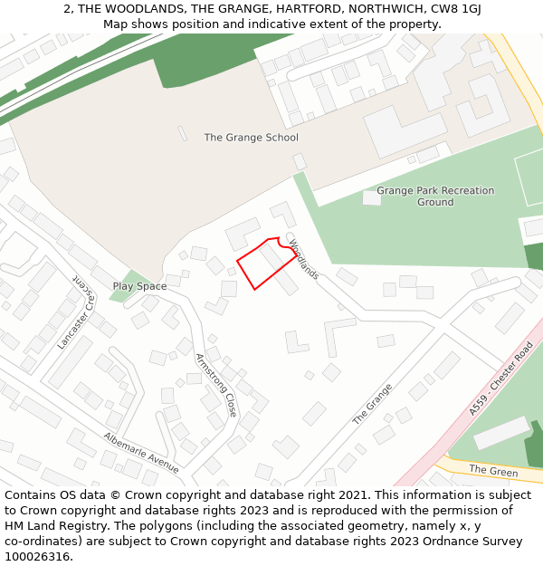 2, THE WOODLANDS, THE GRANGE, HARTFORD, NORTHWICH, CW8 1GJ: Location map and indicative extent of plot