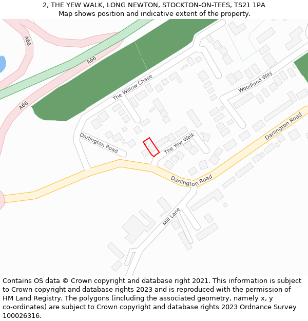 2, THE YEW WALK, LONG NEWTON, STOCKTON-ON-TEES, TS21 1PA: Location map and indicative extent of plot