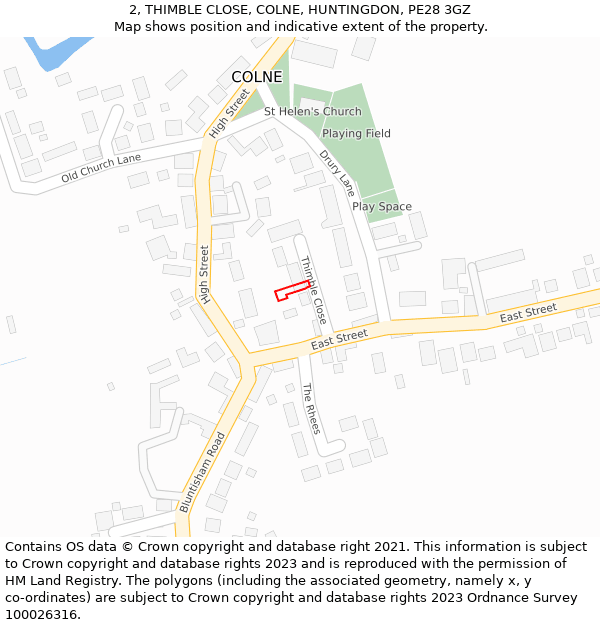 2, THIMBLE CLOSE, COLNE, HUNTINGDON, PE28 3GZ: Location map and indicative extent of plot