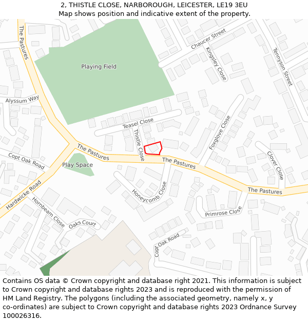 2, THISTLE CLOSE, NARBOROUGH, LEICESTER, LE19 3EU: Location map and indicative extent of plot