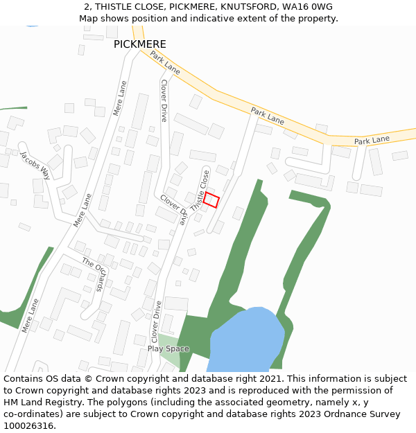 2, THISTLE CLOSE, PICKMERE, KNUTSFORD, WA16 0WG: Location map and indicative extent of plot