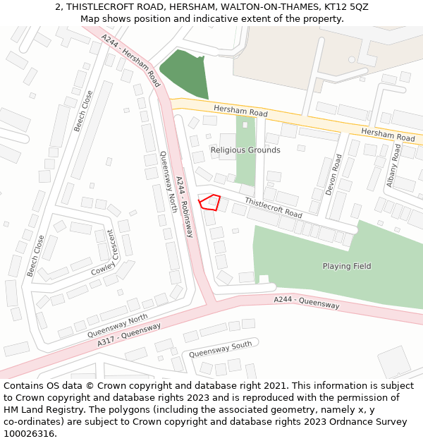 2, THISTLECROFT ROAD, HERSHAM, WALTON-ON-THAMES, KT12 5QZ: Location map and indicative extent of plot