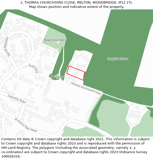 2, THOMAS CHURCHYARD CLOSE, MELTON, WOODBRIDGE, IP12 1TL: Location map and indicative extent of plot