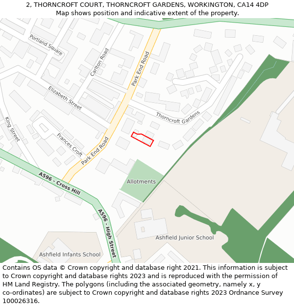 2, THORNCROFT COURT, THORNCROFT GARDENS, WORKINGTON, CA14 4DP: Location map and indicative extent of plot